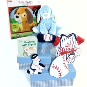Baby Gift Tower Blue Baseball Boxes. Blue and white three tier box tower, checkered keepsake gift boxes filled with newborn baseball items.
