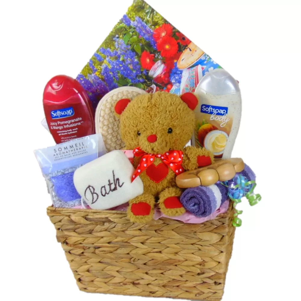 Get well soon gift basket with spa products and plush toy.