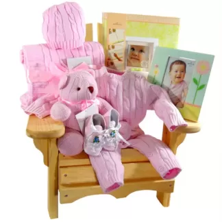 Baby Muskoka chair girl gift basket with newborn essentiales.
