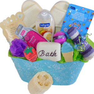 Spa Wellness Gift Basket. Blue metal flower embossed container filled with spa products delivered to doorsteps of the recipient to enjoy and relax, the perfect gift basket for Get Well Soon, Happy Birthday, Thank You, New Home, Anniversary, Gluten Free, Love Gift Basket, Mother’s Day. Gift basket contains 12 spa products. 