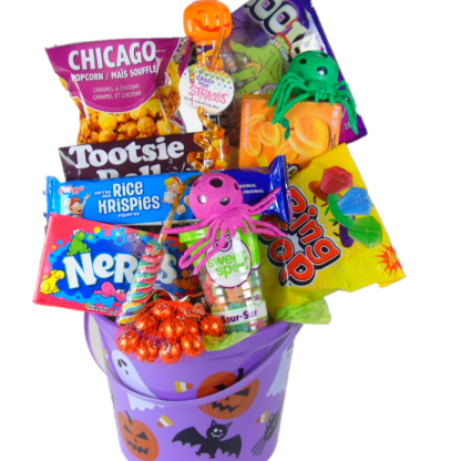 Halloween Gift Basket Purple. Purple Halloween themed bucket 8 inches filled with sweets Halloween snacks to celebrate and enjoy. A purple Halloween bucket filled with a huge amount of Halloween treats for adults and kids. This gift basket bucket is the best gift to send with a message of trick and treat on Halloween Day.