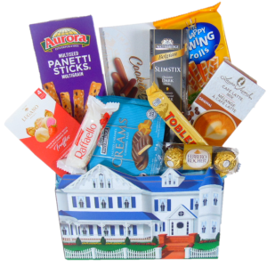 New Home Gift Basket Blue. Home theme blue gift box filled with sweets, chocolates, and snacks to be enjoyed in the new home. Send best wishes on the new home message with this Housewarming Gift Basket. Welcome them to the new home with sweets and snacks to enjoy while moving in. Gift Basket will be delivered with clear cello wrap, ribbon, and a gift tag message.